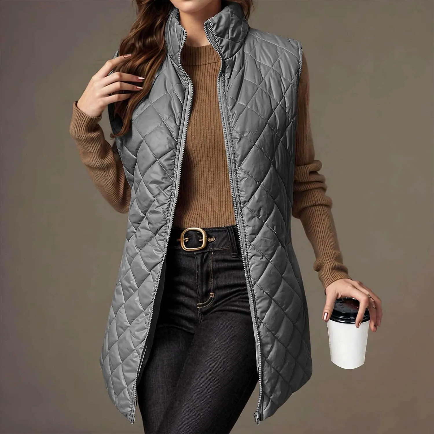 Long Puffer Vest Women Lightweight Quilted Sleeveless Stand Collar Zip Up Puffy Jacket with Pockets Winter Outerwear