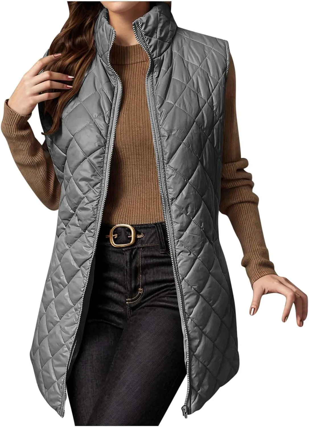 Long Puffer Vest Women Lightweight Quilted Sleeveless Stand Collar Zip Up Puffy Jacket with Pockets Winter Outerwear