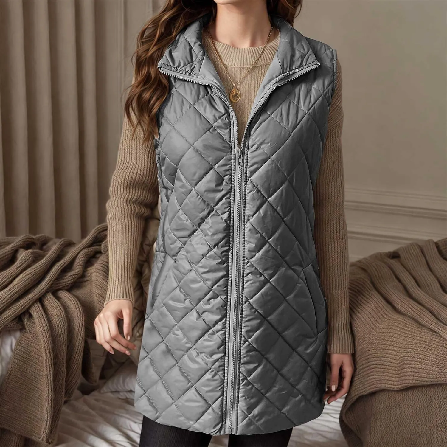 Long Puffer Vest Women Lightweight Quilted Sleeveless Stand Collar Zip Up Puffy Jacket with Pockets Winter Outerwear
