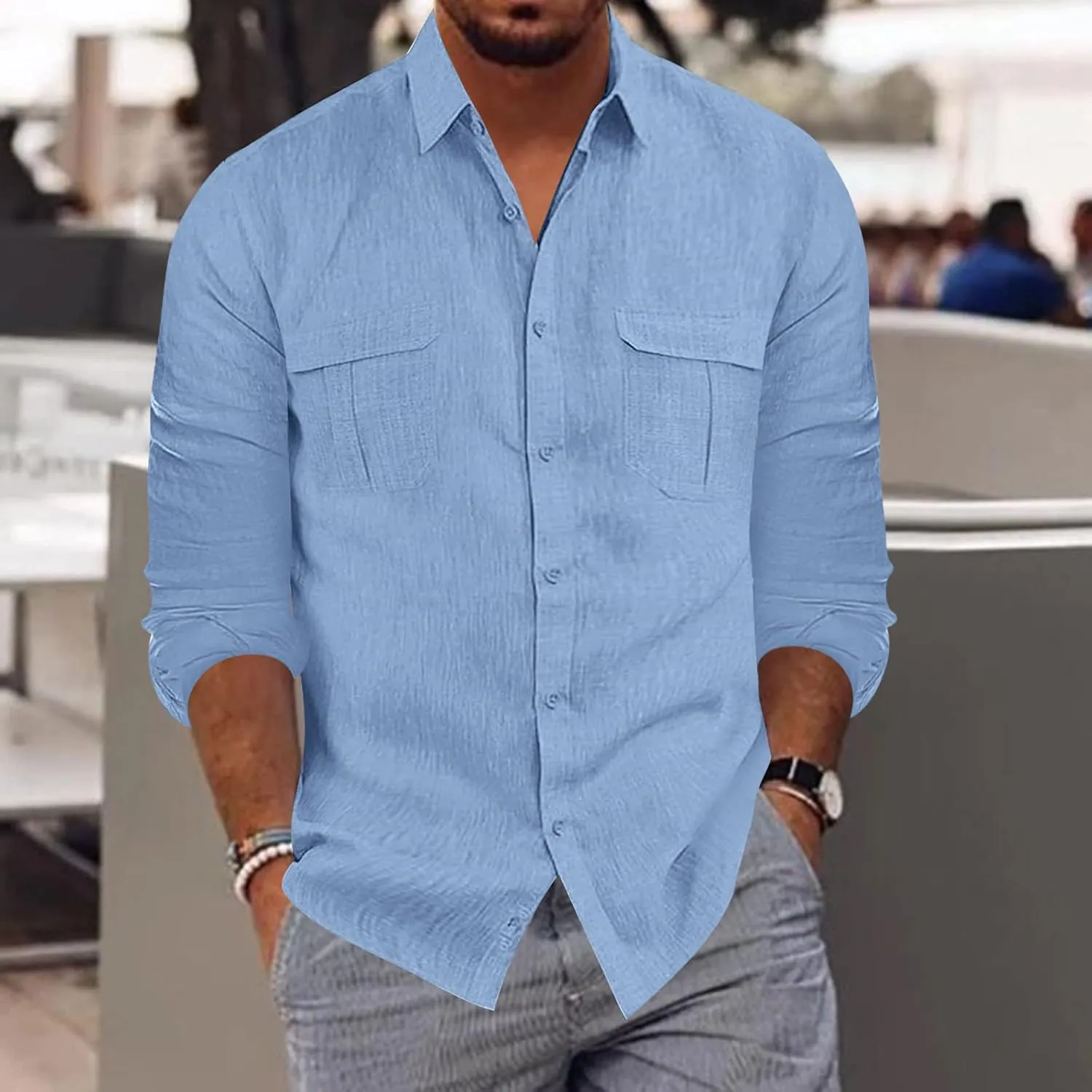 Long Sleeve Shirt Men Lapel Cotton Solid Color Pocket Long Sleeve Shirt Top Long Sleeve Shirt Mens Casual Shirts