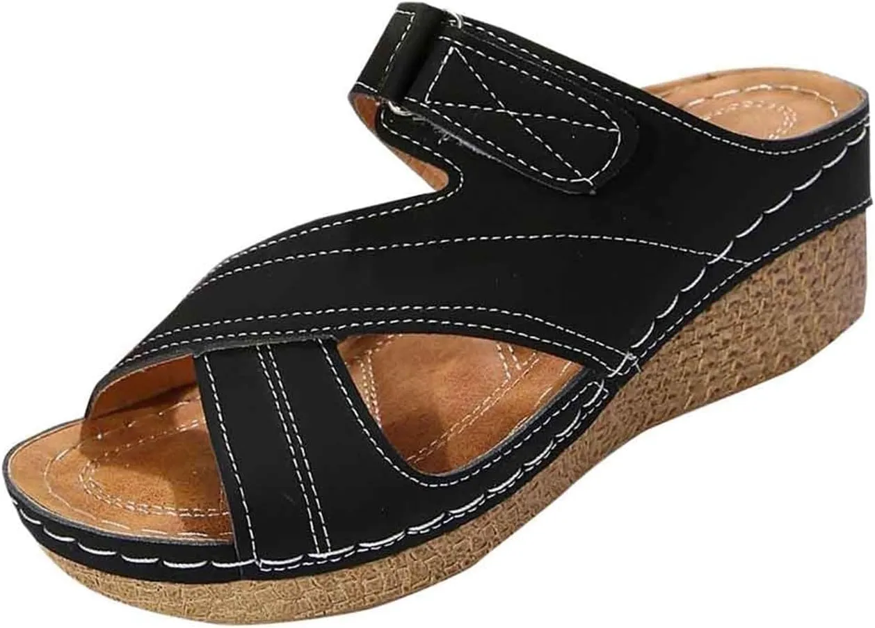 Low Wedge Sandals for Women Arch Support Slides Open Toe Cross Strap Sandal, Hollow Out Breathable Buckle Platform Sandals Comfortable Orthopedic Walking Slippers