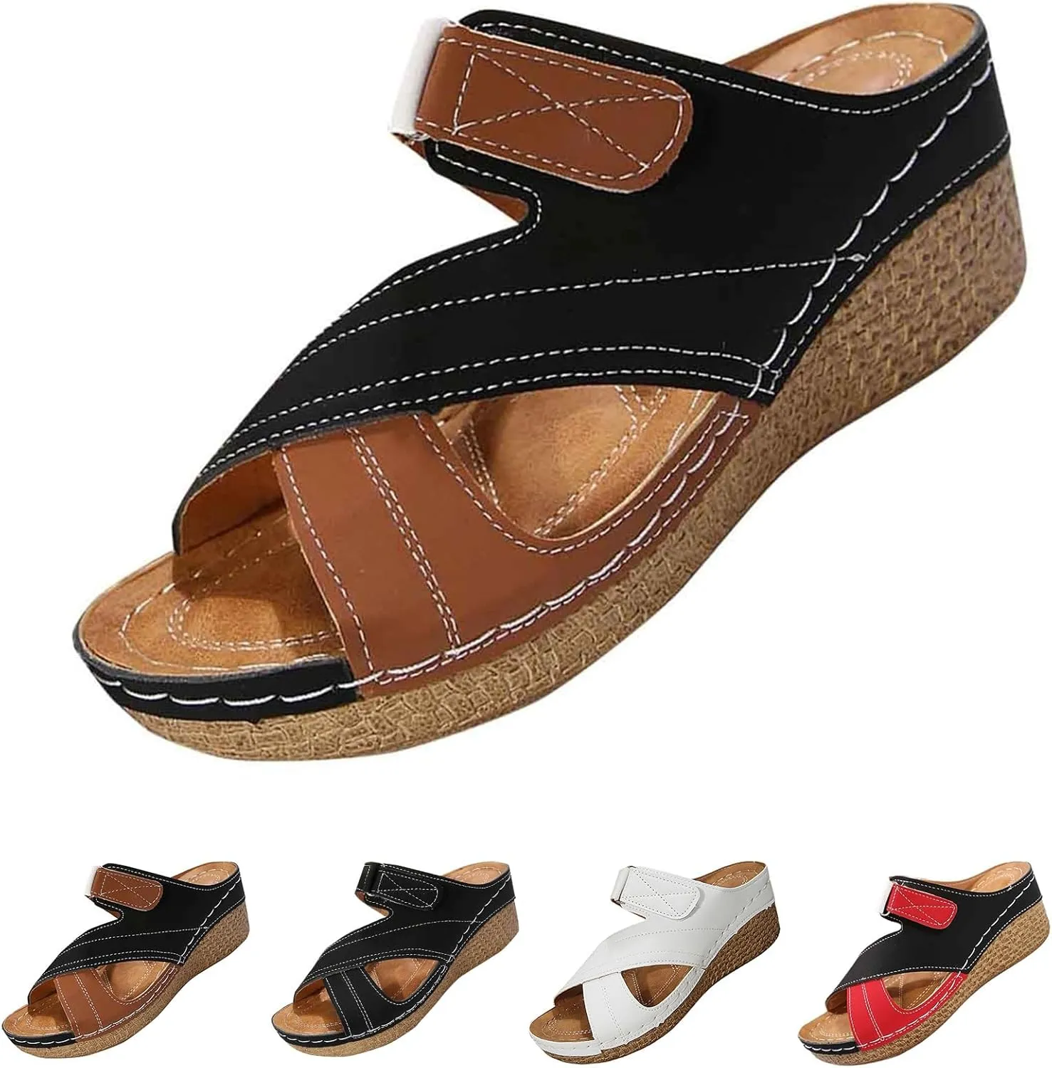 Low Wedge Sandals for Women Arch Support Slides Open Toe Cross Strap Sandal, Hollow Out Breathable Buckle Platform Sandals Comfortable Orthopedic Walking Slippers
