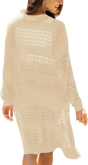 LYHNMW Women's Casual Lightweight Crochet Cardigan Sweater Long Sleeve Open Front Knitt Boho Beach Coverups with Pockets