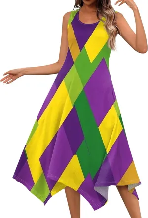 Mardi Gras Dresses for Women Carnival Print Round Neck Sleeveless Tank Dress Irregular Hem Midi Dress