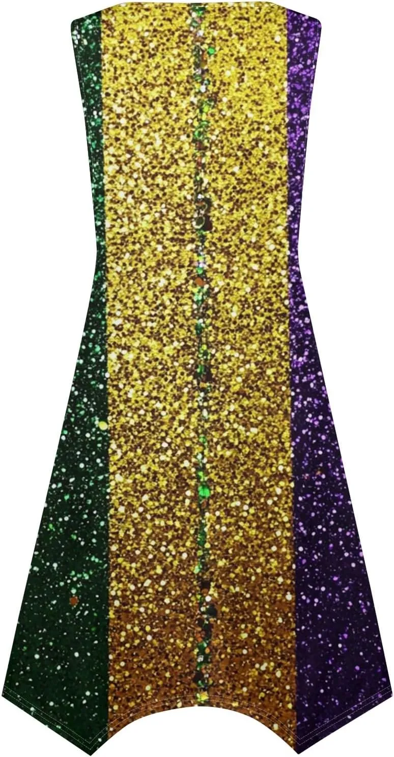 Mardi Gras Dresses for Women Carnival Print Round Neck Sleeveless Tank Dress Irregular Hem Midi Dress