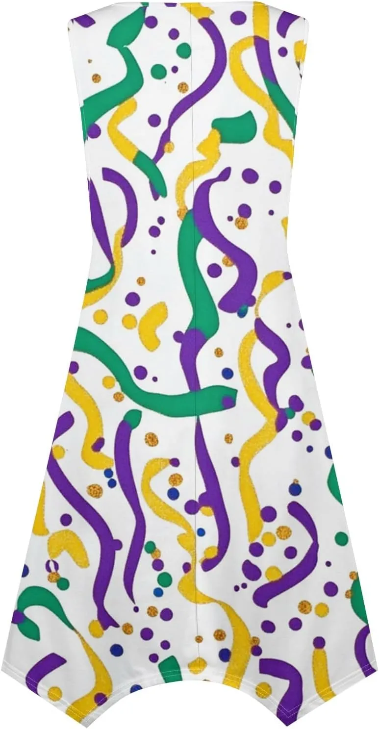 Mardi Gras Dresses for Women Carnival Print Round Neck Sleeveless Tank Dress Irregular Hem Midi Dress