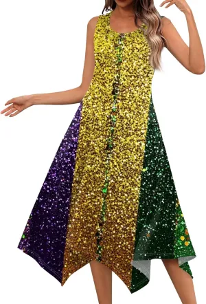 Mardi Gras Dresses for Women Carnival Print Round Neck Sleeveless Tank Dress Irregular Hem Midi Dress