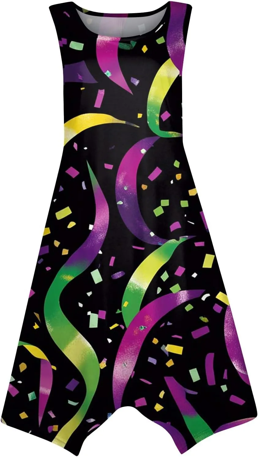 Mardi Gras Dresses for Women Carnival Print Round Neck Sleeveless Tank Dress Irregular Hem Midi Dress