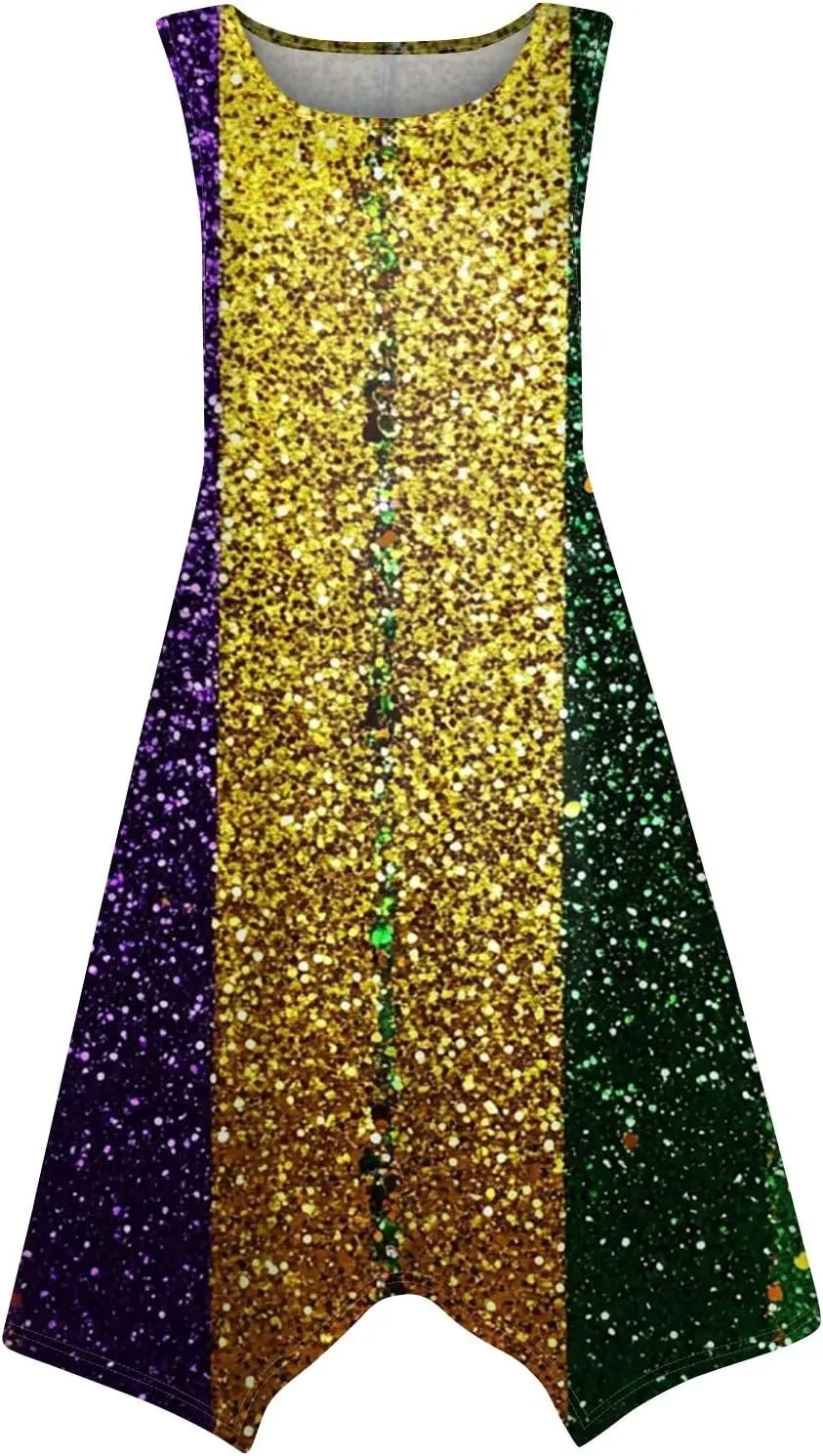 Mardi Gras Dresses for Women Carnival Print Round Neck Sleeveless Tank Dress Irregular Hem Midi Dress