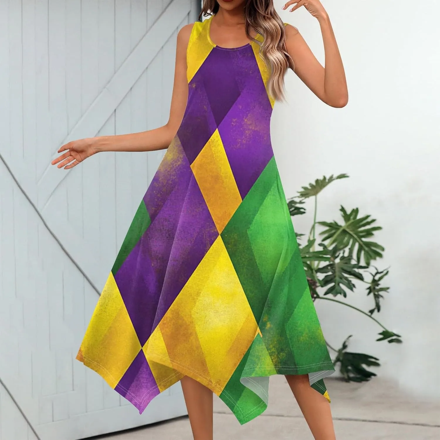 Mardi Gras Dresses for Women Carnival Print Round Neck Sleeveless Tank Dress Irregular Hem Midi Dress