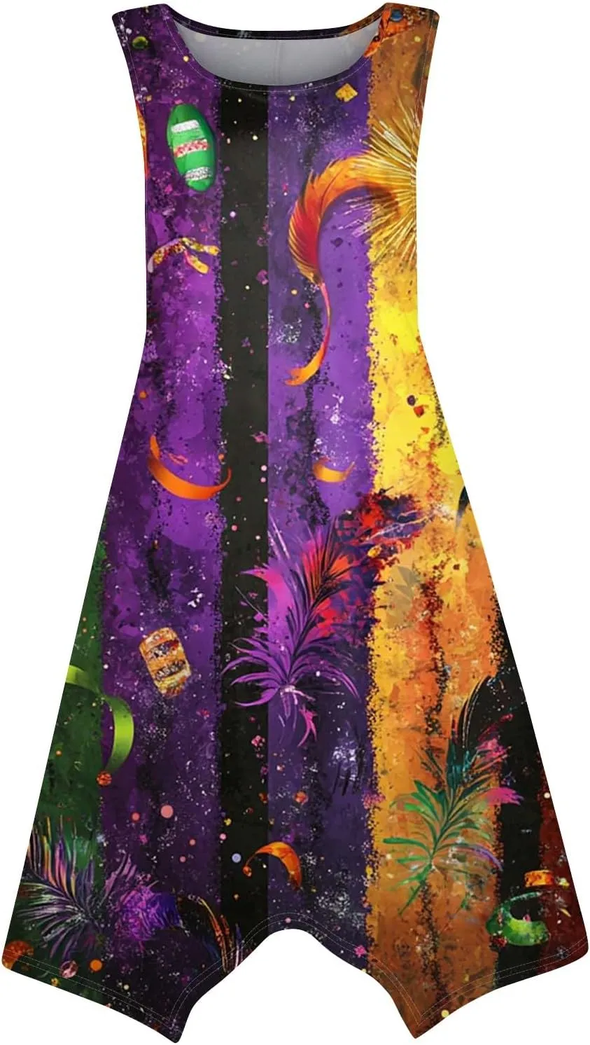Mardi Gras Dresses for Women Carnival Print Round Neck Sleeveless Tank Dress Irregular Hem Midi Dress