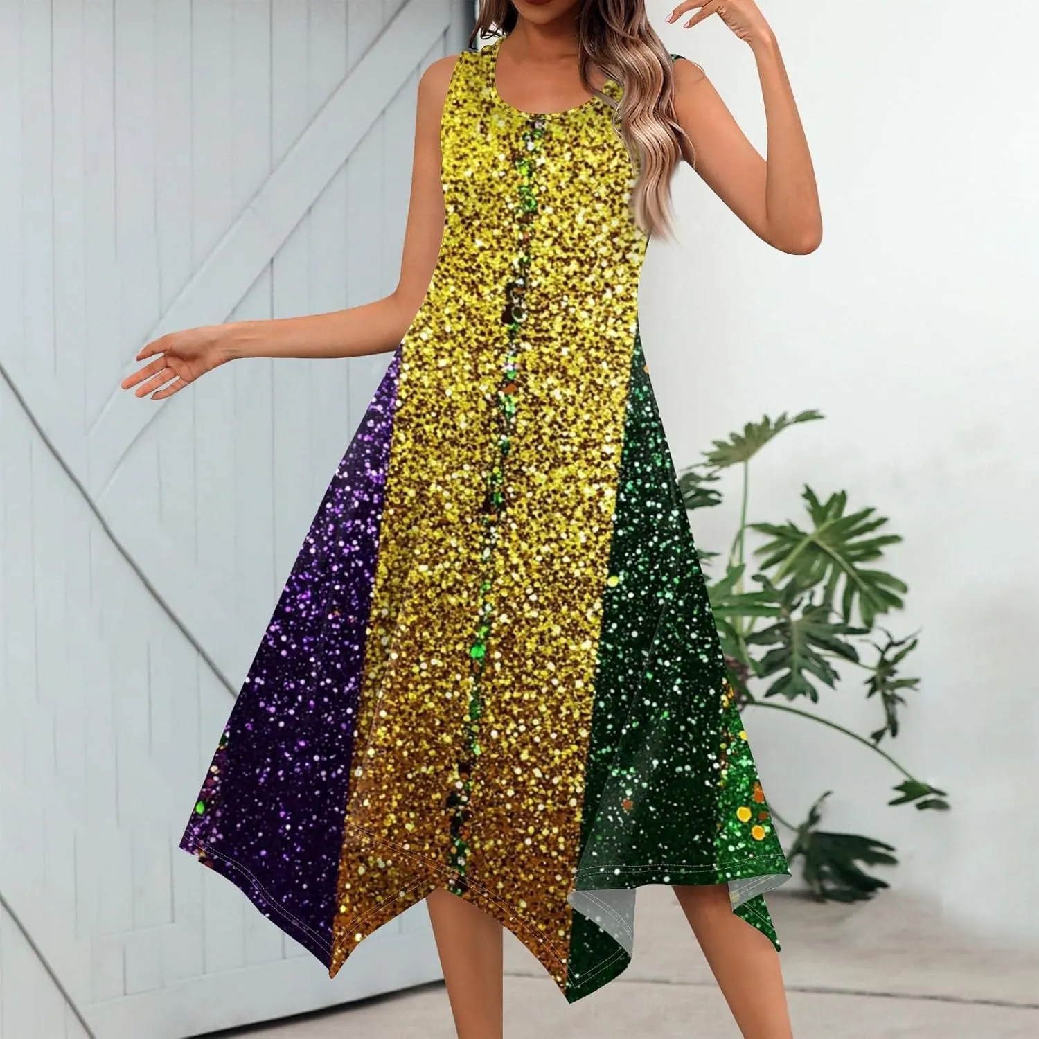 Mardi Gras Dresses for Women Carnival Print Round Neck Sleeveless Tank Dress Irregular Hem Midi Dress
