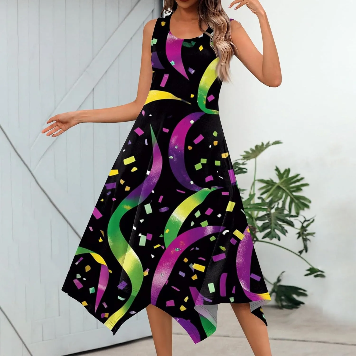 Mardi Gras Dresses for Women Carnival Print Round Neck Sleeveless Tank Dress Irregular Hem Midi Dress