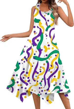 Mardi Gras Dresses for Women Carnival Print Round Neck Sleeveless Tank Dress Irregular Hem Midi Dress