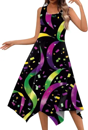 Mardi Gras Dresses for Women Carnival Print Round Neck Sleeveless Tank Dress Irregular Hem Midi Dress
