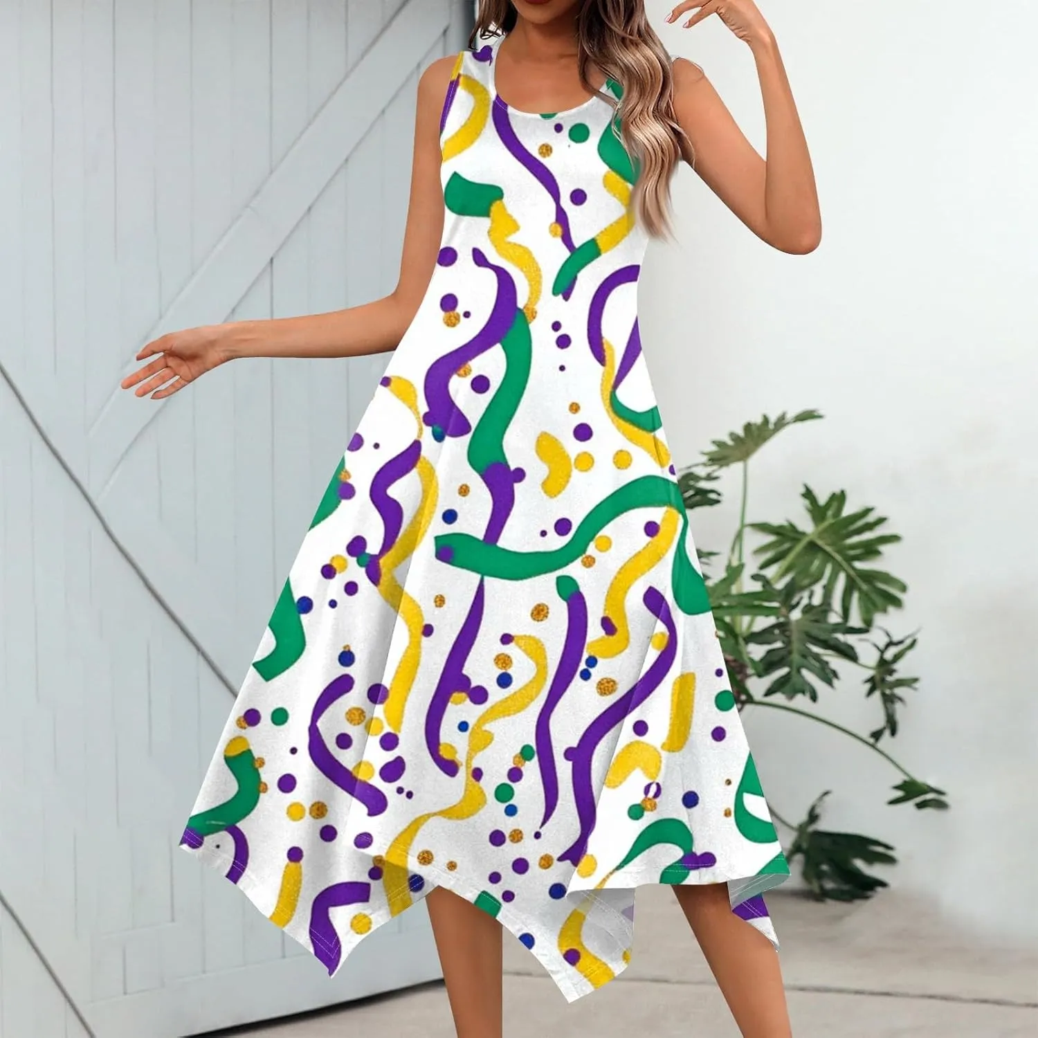 Mardi Gras Dresses for Women Carnival Print Round Neck Sleeveless Tank Dress Irregular Hem Midi Dress