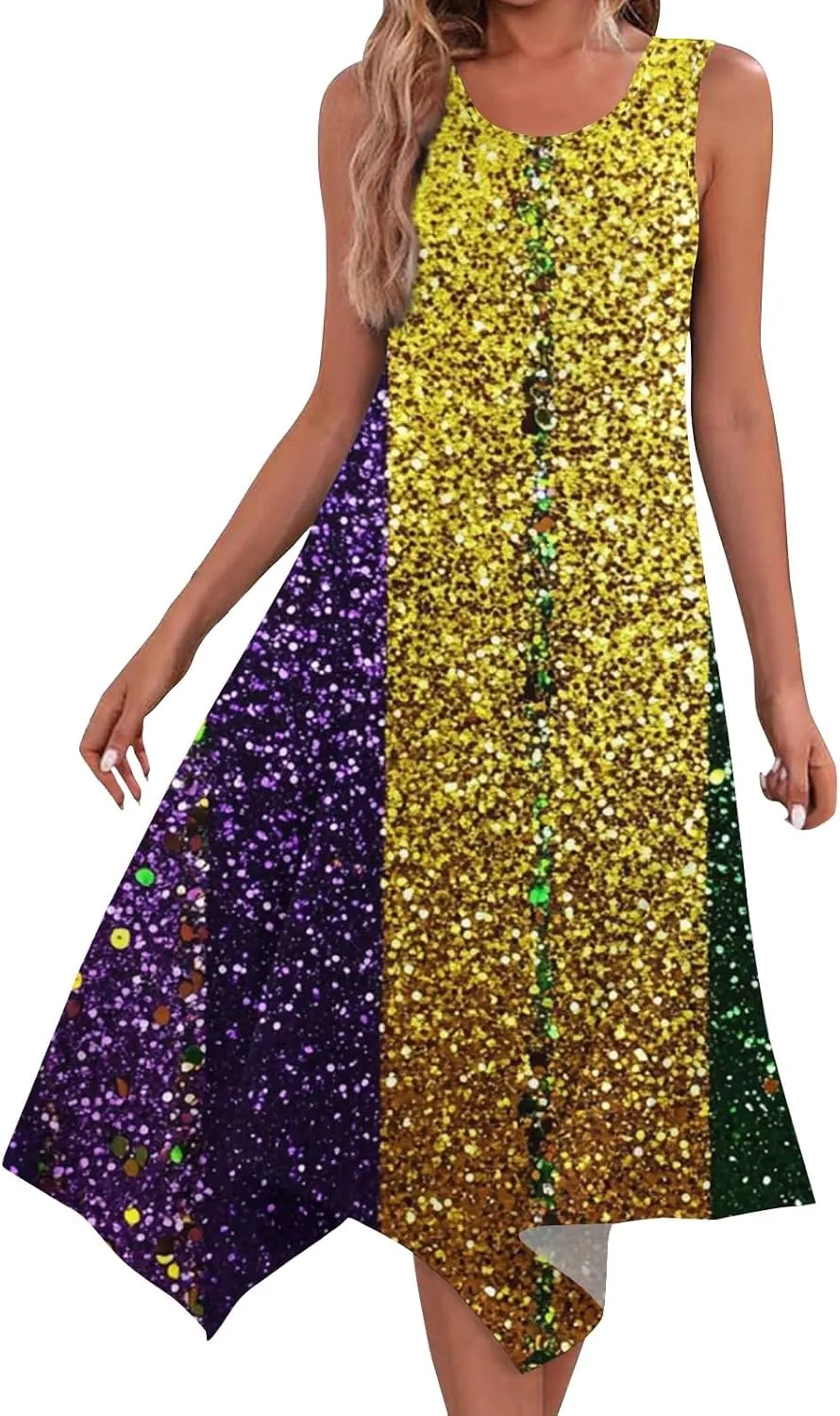 Mardi Gras Dresses for Women Carnival Print Round Neck Sleeveless Tank Dress Irregular Hem Midi Dress