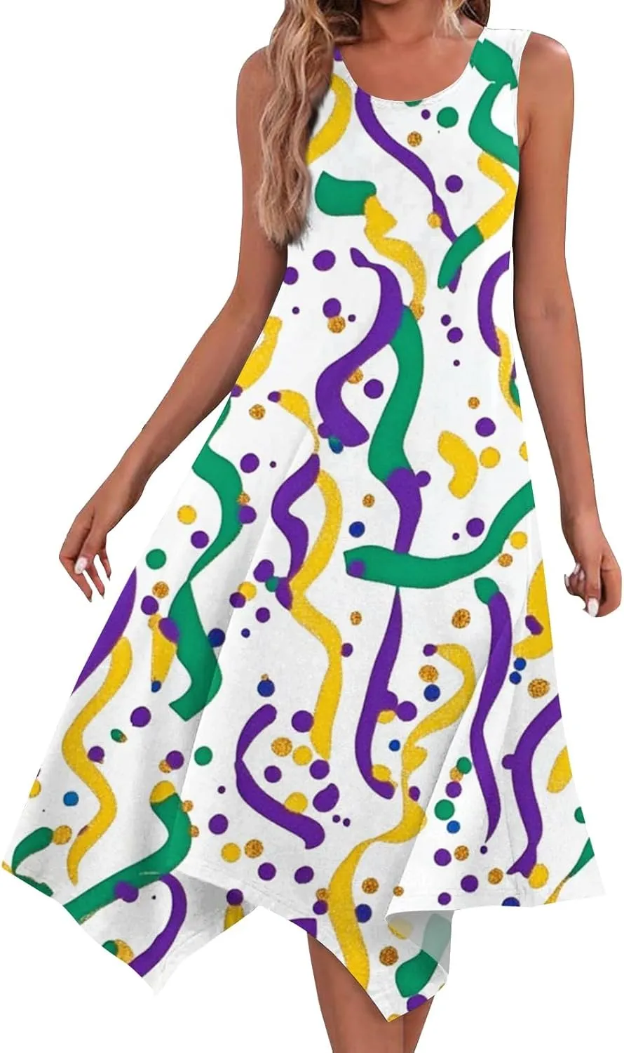 Mardi Gras Dresses for Women Carnival Print Round Neck Sleeveless Tank Dress Irregular Hem Midi Dress