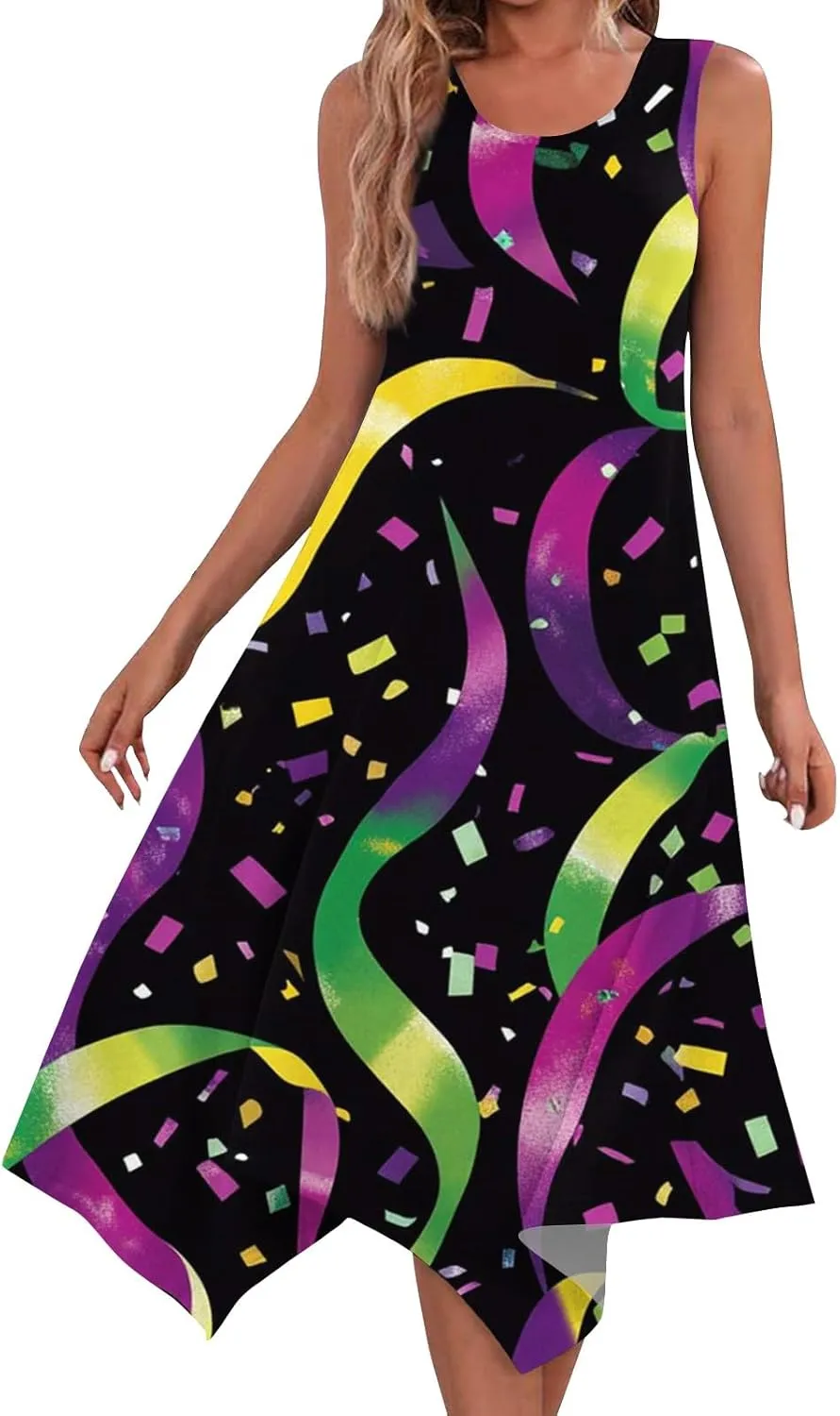 Mardi Gras Dresses for Women Carnival Print Round Neck Sleeveless Tank Dress Irregular Hem Midi Dress