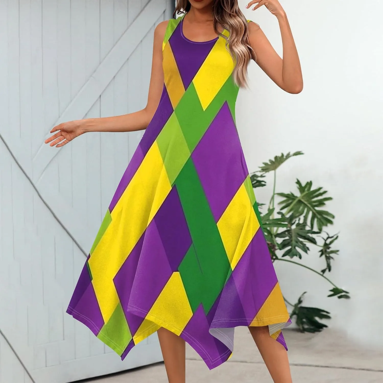 Mardi Gras Dresses for Women Carnival Print Round Neck Sleeveless Tank Dress Irregular Hem Midi Dress