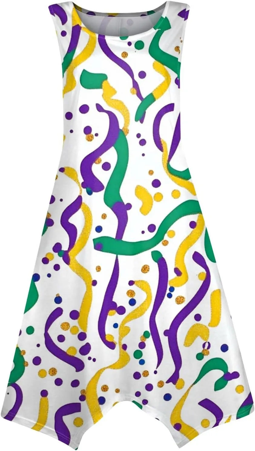 Mardi Gras Dresses for Women Carnival Print Round Neck Sleeveless Tank Dress Irregular Hem Midi Dress