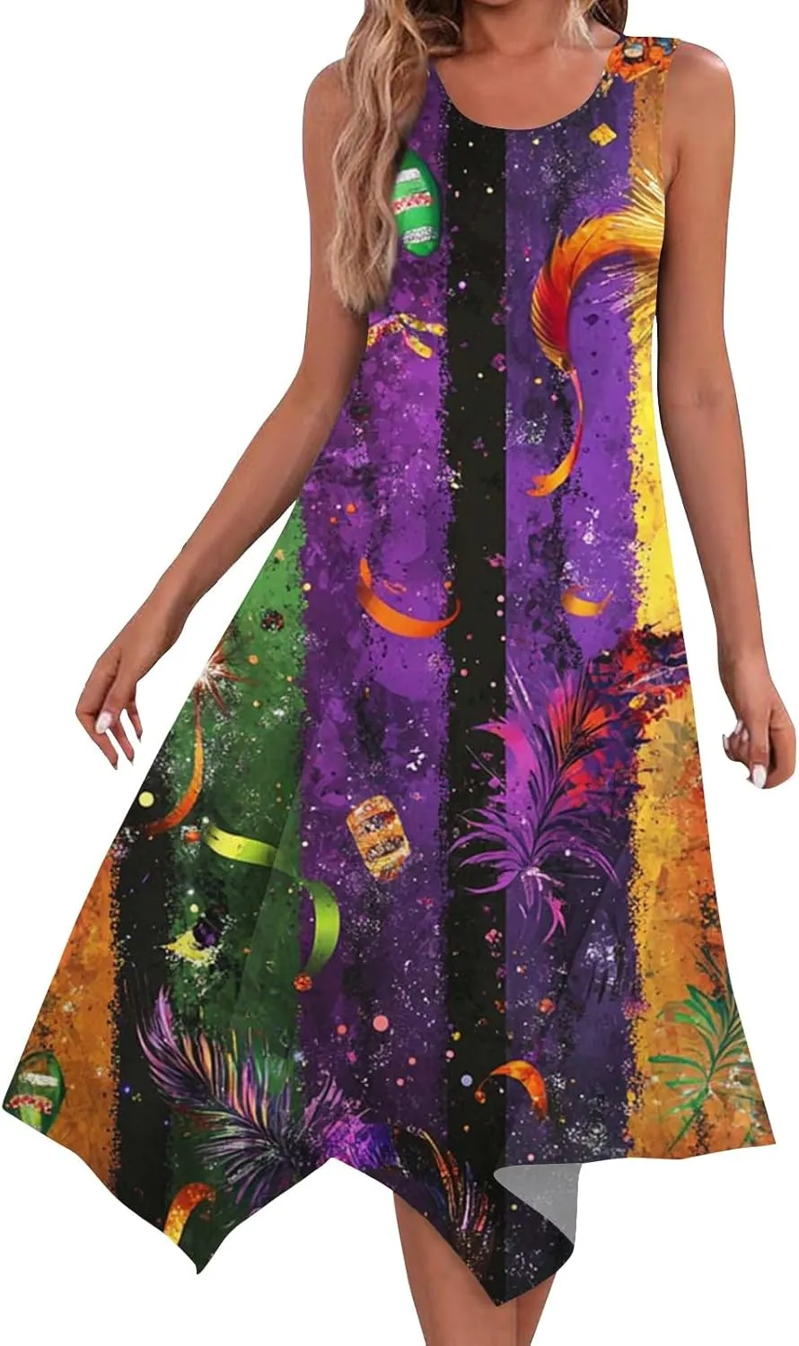 Mardi Gras Dresses for Women Carnival Print Round Neck Sleeveless Tank Dress Irregular Hem Midi Dress
