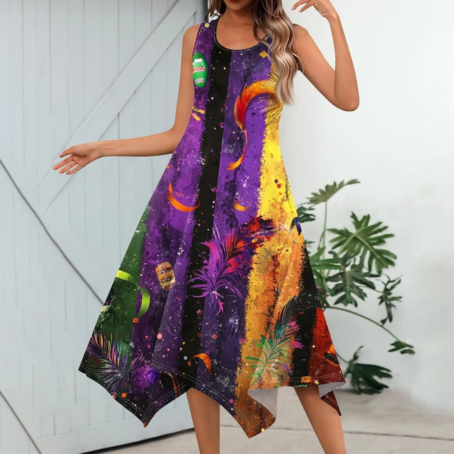Mardi Gras Dresses for Women Carnival Print Round Neck Sleeveless Tank Dress Irregular Hem Midi Dress