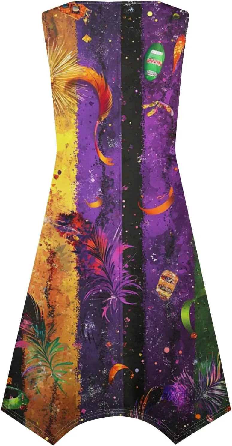 Mardi Gras Dresses for Women Carnival Print Round Neck Sleeveless Tank Dress Irregular Hem Midi Dress