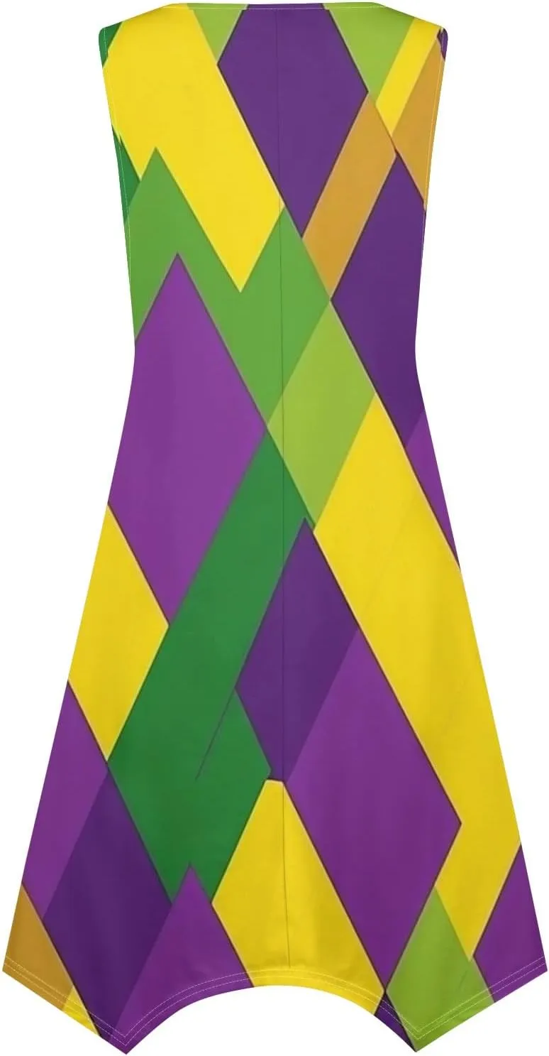 Mardi Gras Dresses for Women Carnival Print Round Neck Sleeveless Tank Dress Irregular Hem Midi Dress
