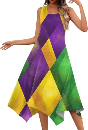 Mardi Gras Dresses for Women Carnival Print Round Neck Sleeveless Tank Dress Irregular Hem Midi Dress