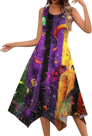 Mardi Gras Dresses for Women Carnival Print Round Neck Sleeveless Tank Dress Irregular Hem Midi Dress