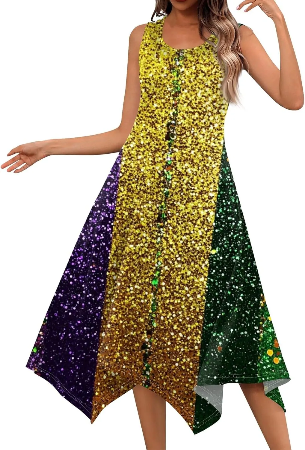 Mardi Gras Dresses for Women Carnival Print Round Neck Sleeveless Tank Dress Irregular Hem Midi Dress