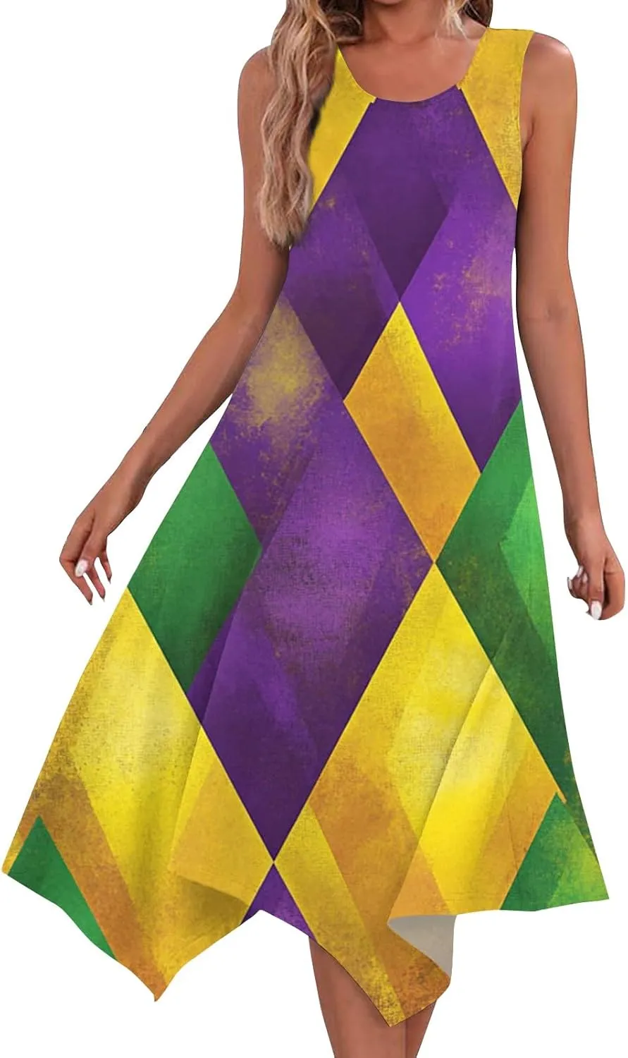 Mardi Gras Dresses for Women Carnival Print Round Neck Sleeveless Tank Dress Irregular Hem Midi Dress