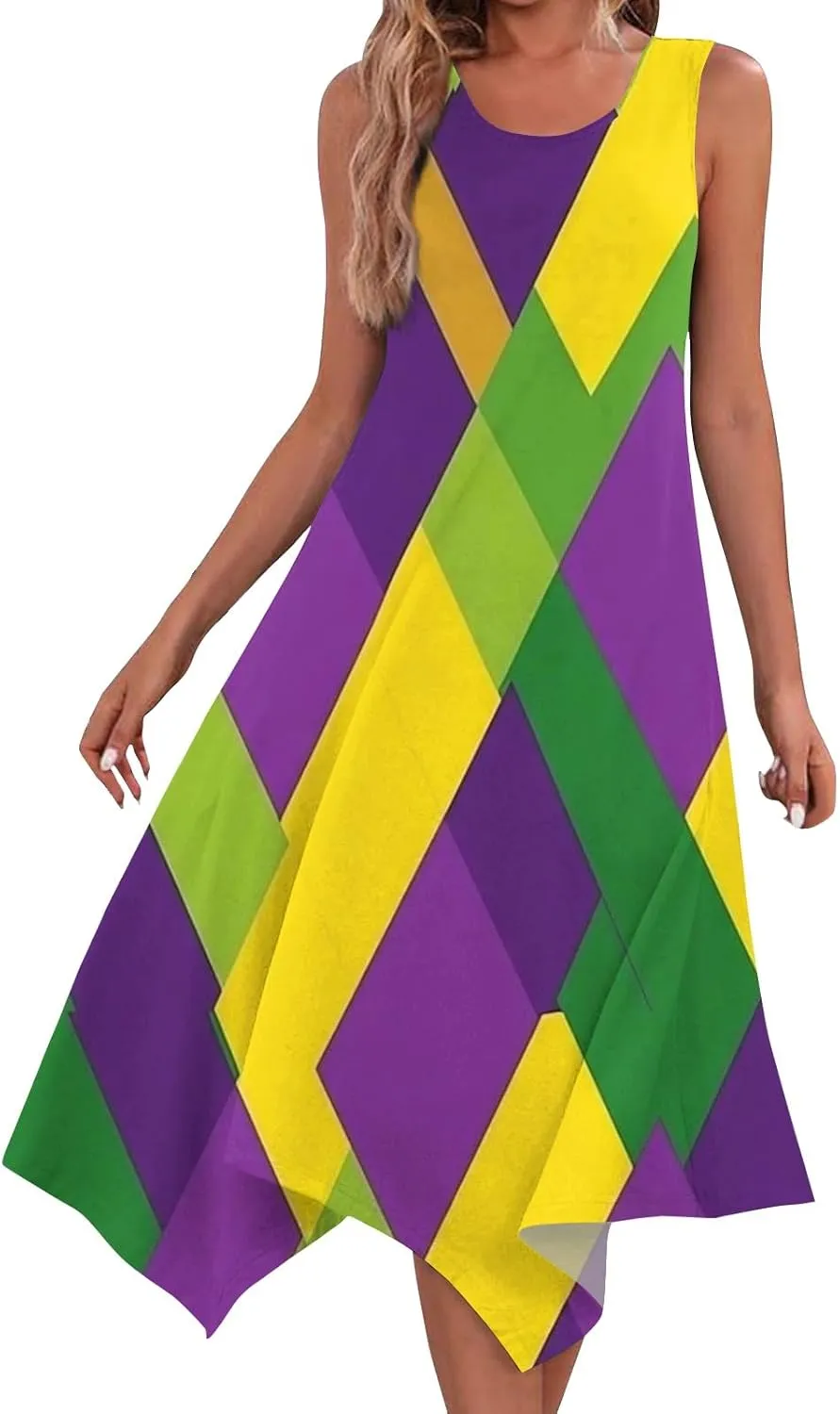 Mardi Gras Dresses for Women Carnival Print Round Neck Sleeveless Tank Dress Irregular Hem Midi Dress