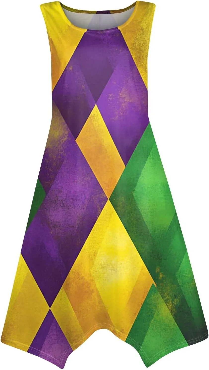 Mardi Gras Dresses for Women Carnival Print Round Neck Sleeveless Tank Dress Irregular Hem Midi Dress