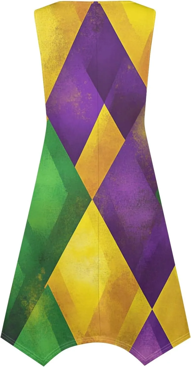 Mardi Gras Dresses for Women Carnival Print Round Neck Sleeveless Tank Dress Irregular Hem Midi Dress