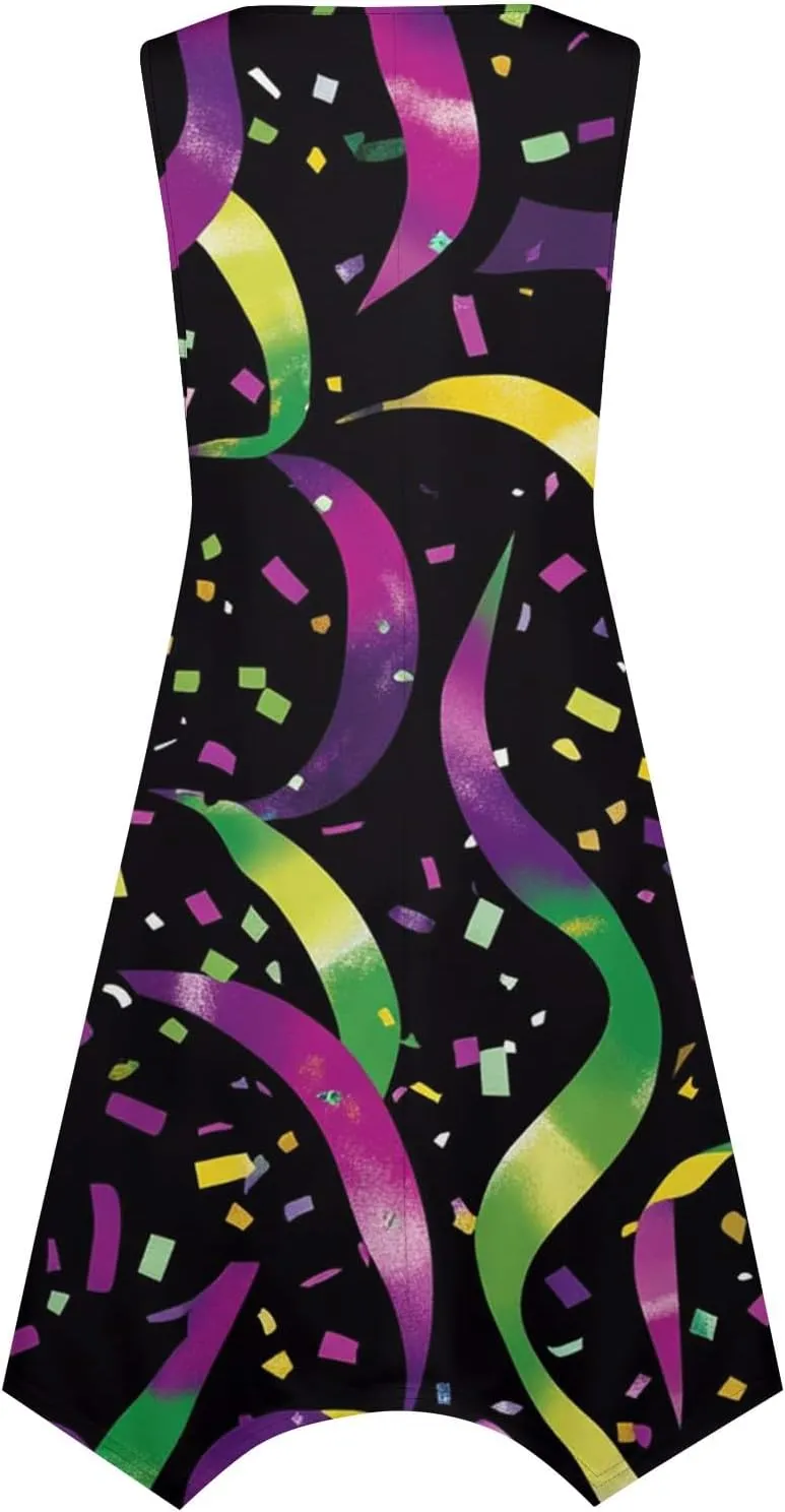 Mardi Gras Dresses for Women Carnival Print Round Neck Sleeveless Tank Dress Irregular Hem Midi Dress
