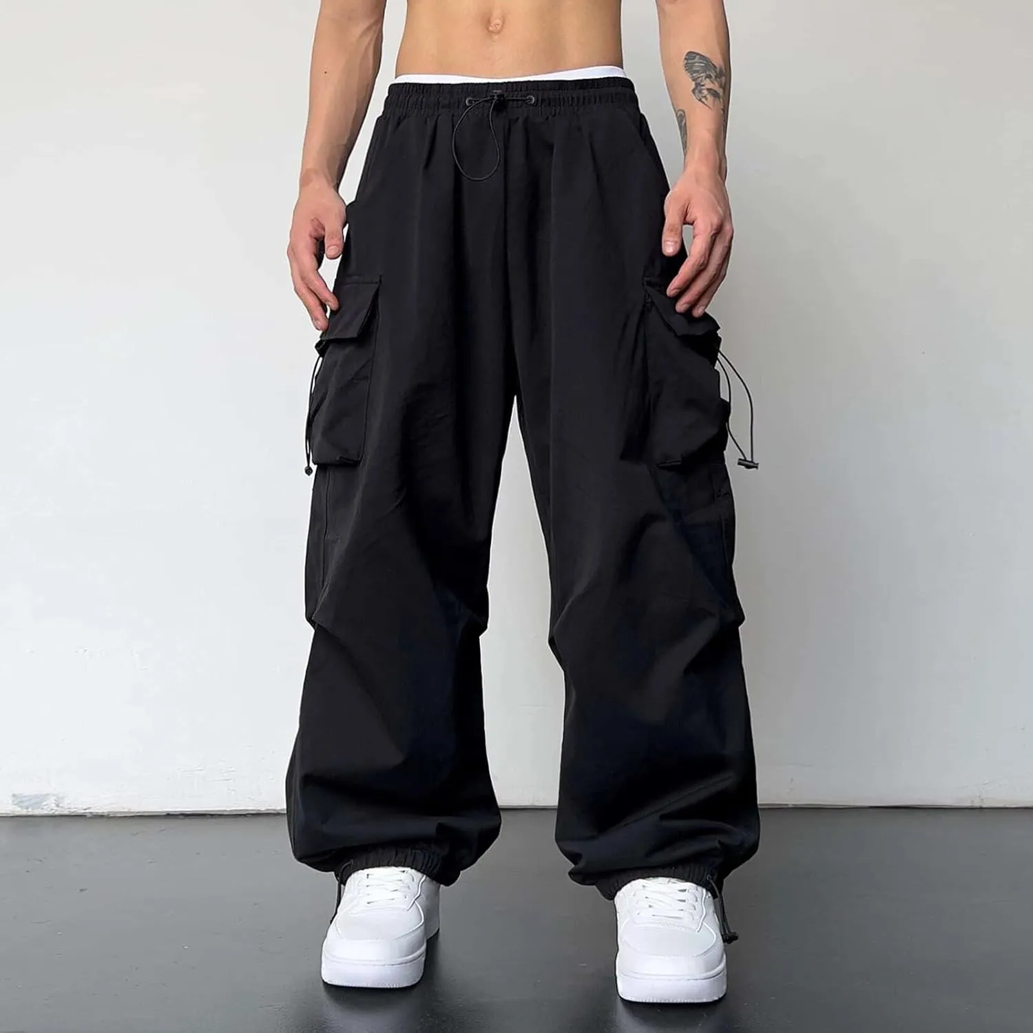 Men's Baggy Cargo Pants Casual Parachute Pant Cotton Loose Fit Harem Joggers with Multiple Pockets
