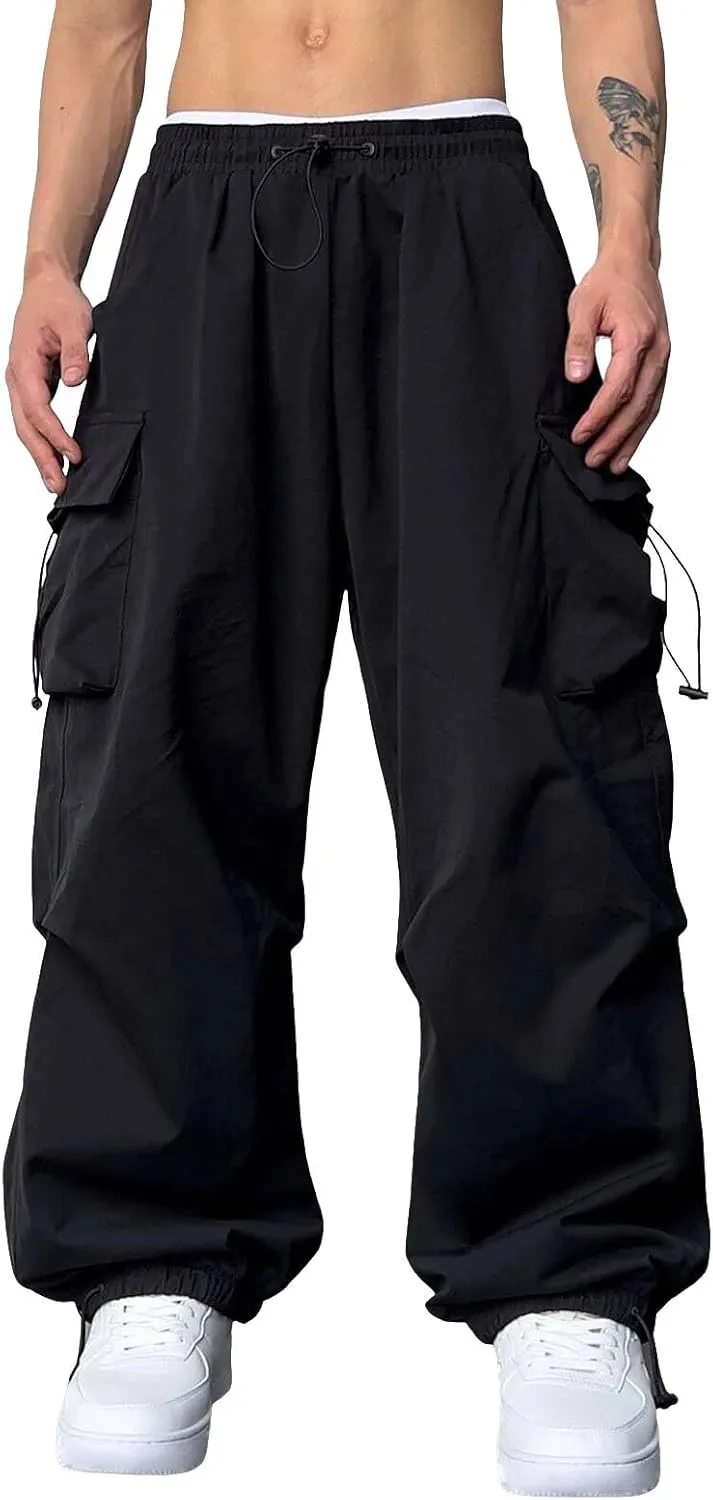 Men's Baggy Cargo Pants Casual Parachute Pant Cotton Loose Fit Harem Joggers with Multiple Pockets