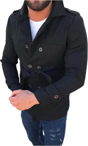 Men's Belted Tweed Trench Coats Slim Fit Double Breasted Short Windbreaker Notched Lapel Collar Windproof Overcoats