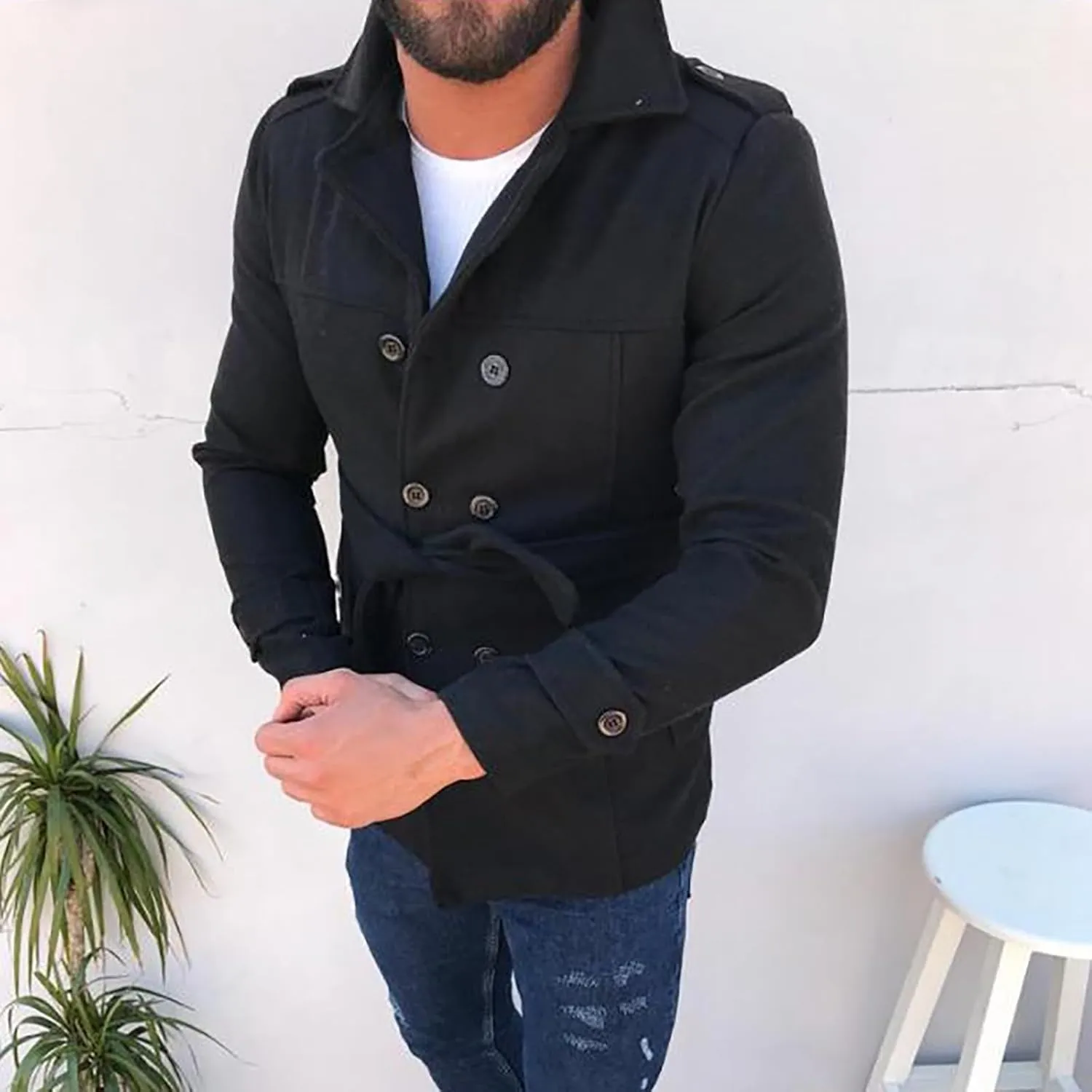 Men's Belted Tweed Trench Coats Slim Fit Double Breasted Short Windbreaker Notched Lapel Collar Windproof Overcoats