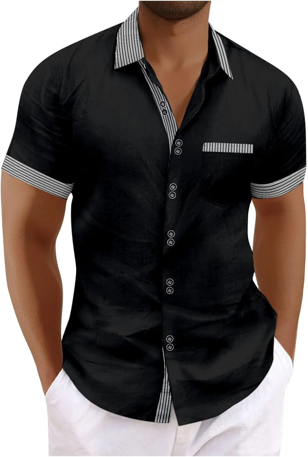 Men's Button Down Shirts Summer Striped Patchwork Lapel Short Sleeve Blouse Plus Size Casual Fashion Business Tops