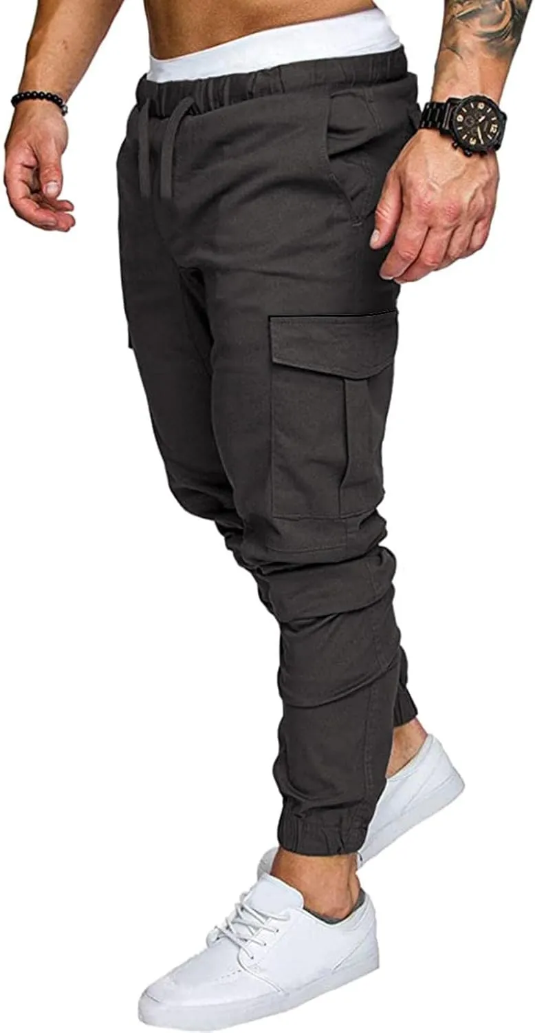 Mens Cargo Pants Casual Joggers Pants Stretchy Drawstring Sweatpants Cotton Chino Pants Slim Fit Gym Workout Pants Fall