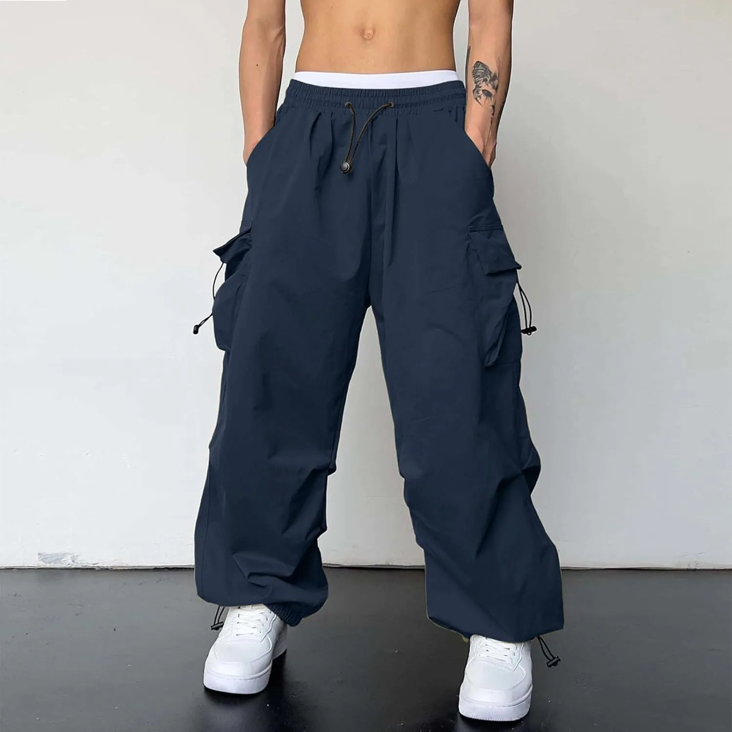Mens Cargo Pants Casual Work Pant Drawstring Elastic Waist Hip Hop Harem Pants with Pockets