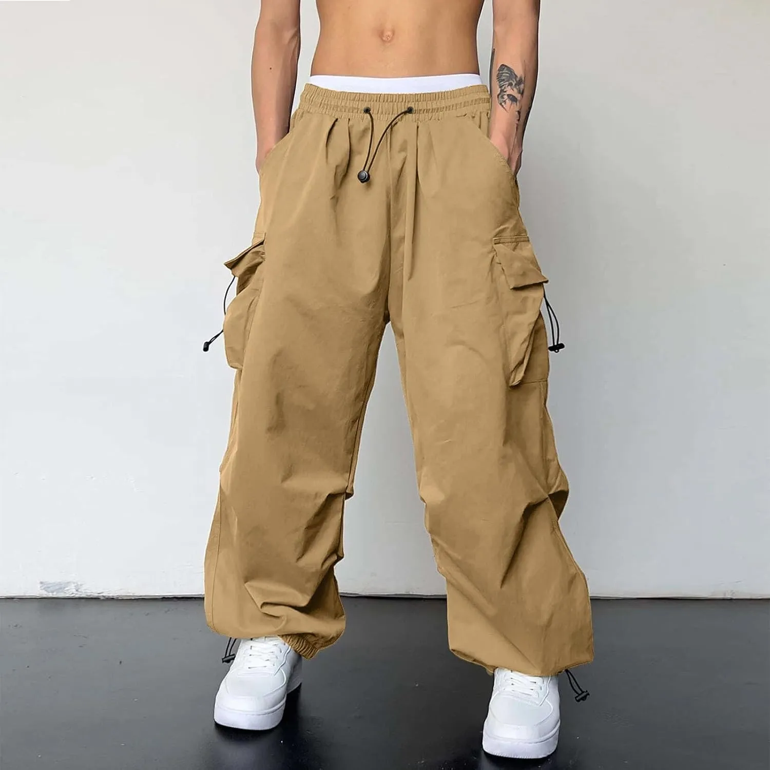 Mens Cargo Pants Casual Work Pant Drawstring Elastic Waist Hip Hop Harem Pants with Pockets