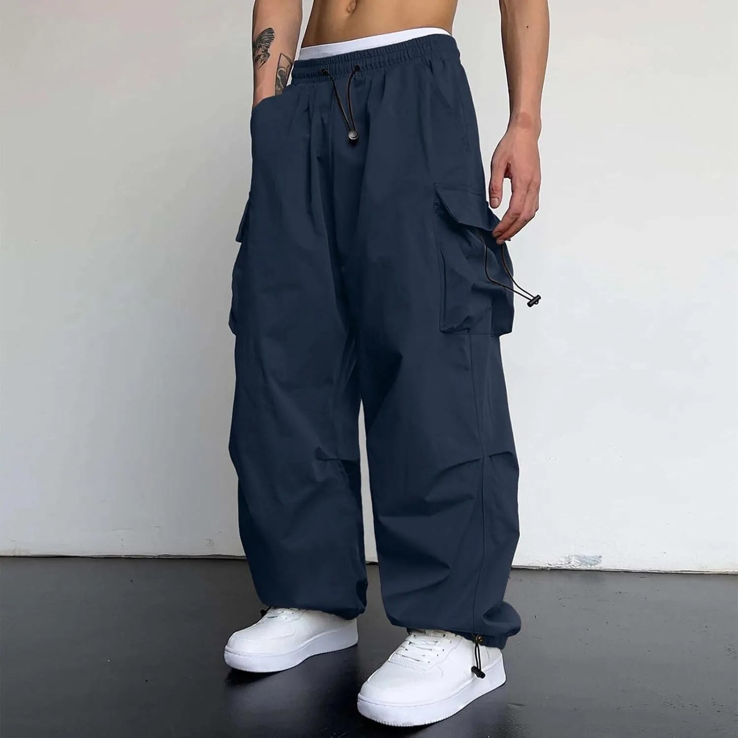 Mens Cargo Pants Casual Work Pant Drawstring Elastic Waist Hip Hop Harem Pants with Pockets