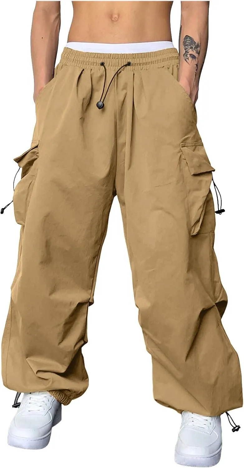 Mens Cargo Pants Casual Work Pant Drawstring Elastic Waist Hip Hop Harem Pants with Pockets