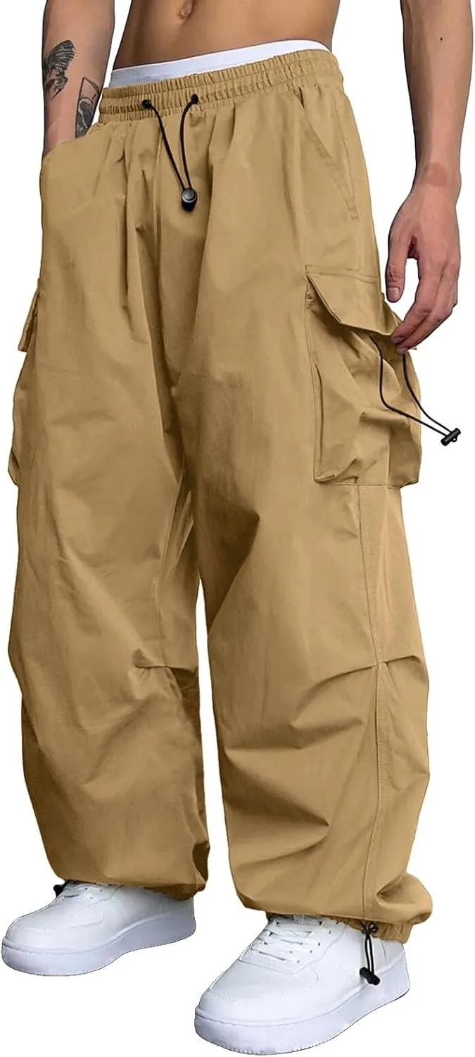 Mens Cargo Pants Casual Work Pant Drawstring Elastic Waist Hip Hop Harem Pants with Pockets