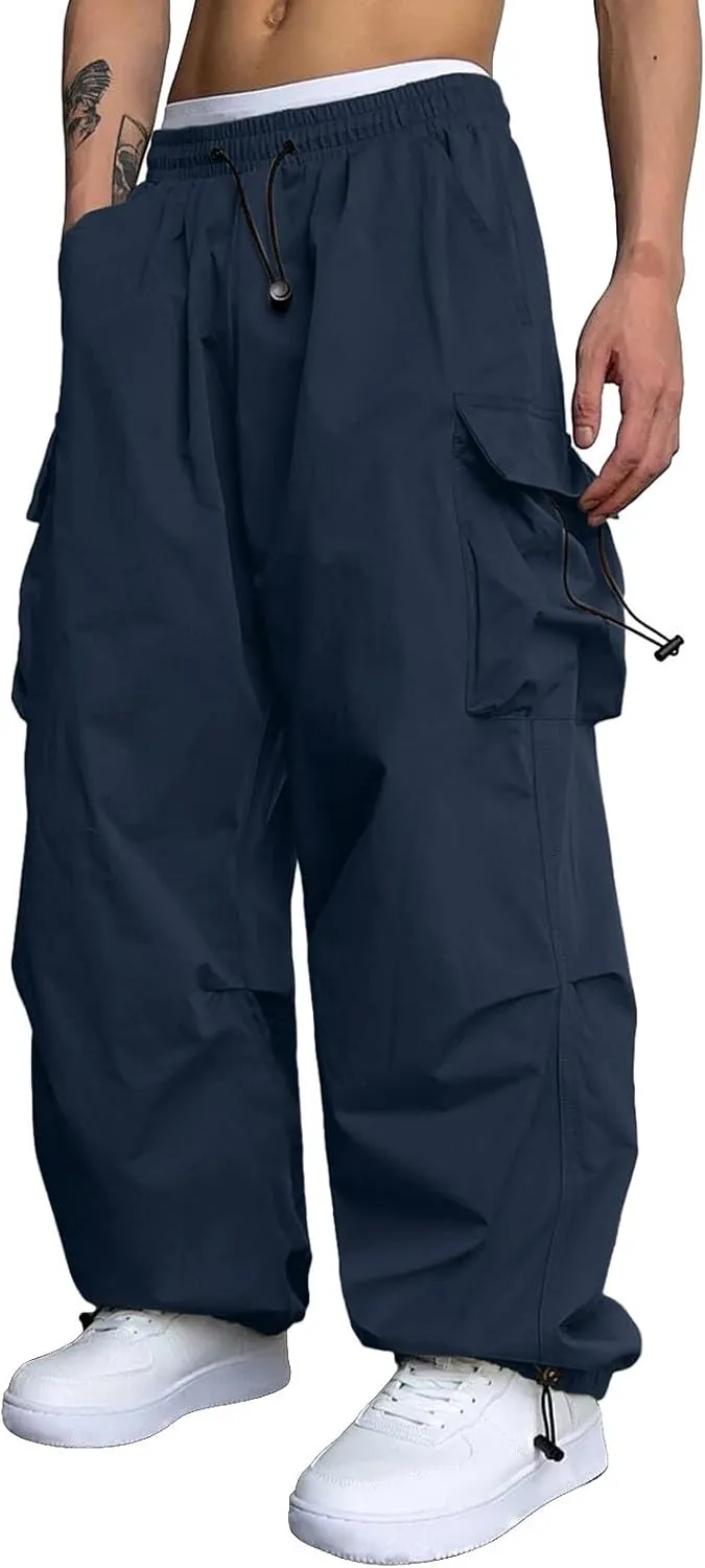 Mens Cargo Pants Casual Work Pant Drawstring Elastic Waist Hip Hop Harem Pants with Pockets