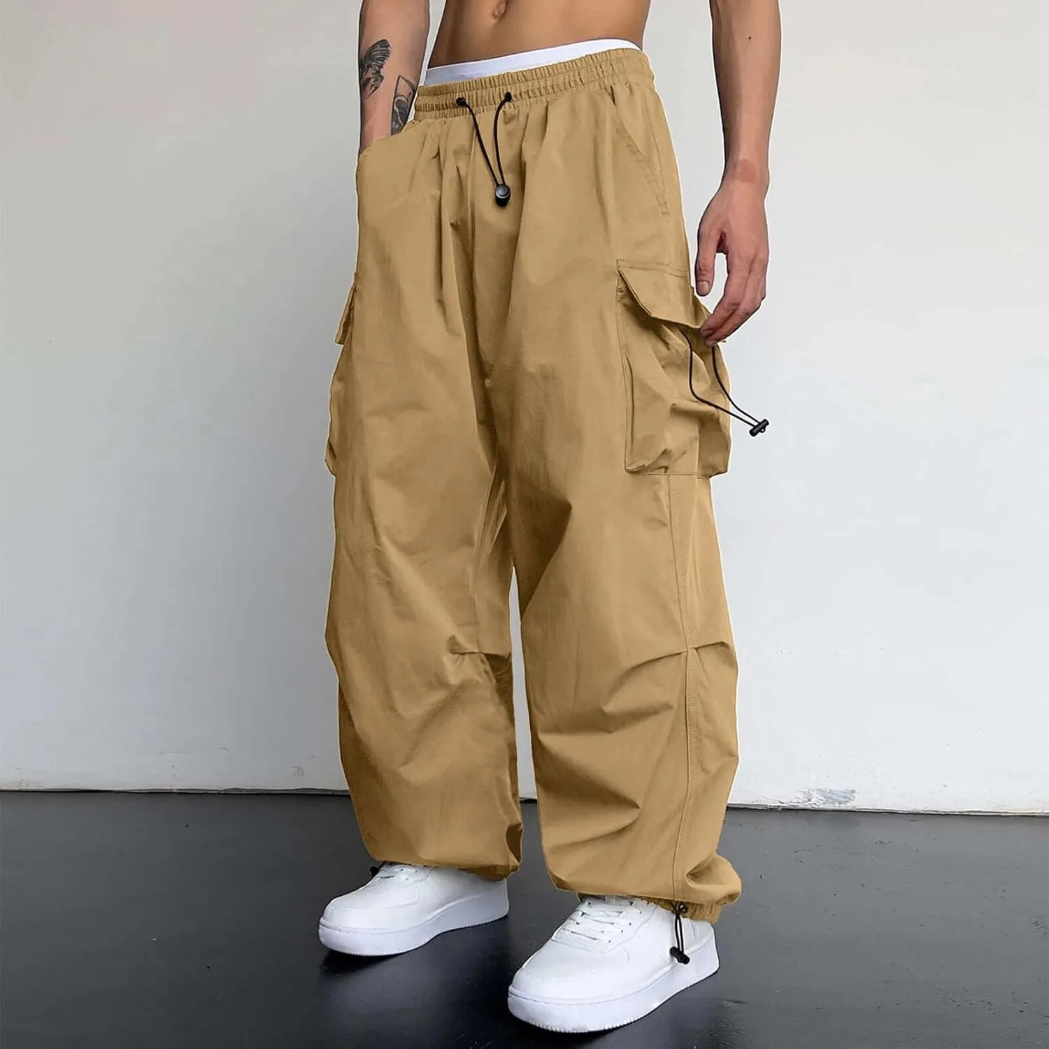 Mens Cargo Pants Casual Work Pant Drawstring Elastic Waist Hip Hop Harem Pants with Pockets